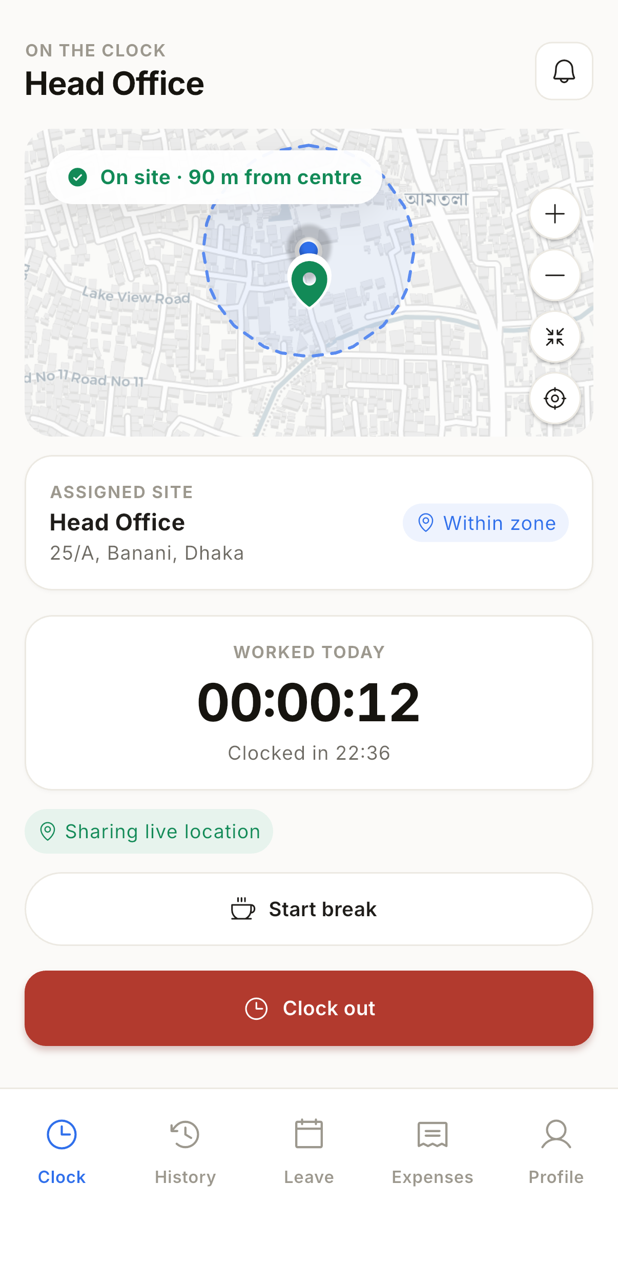 The on-the-clock screen showing the running timer and live on-site status