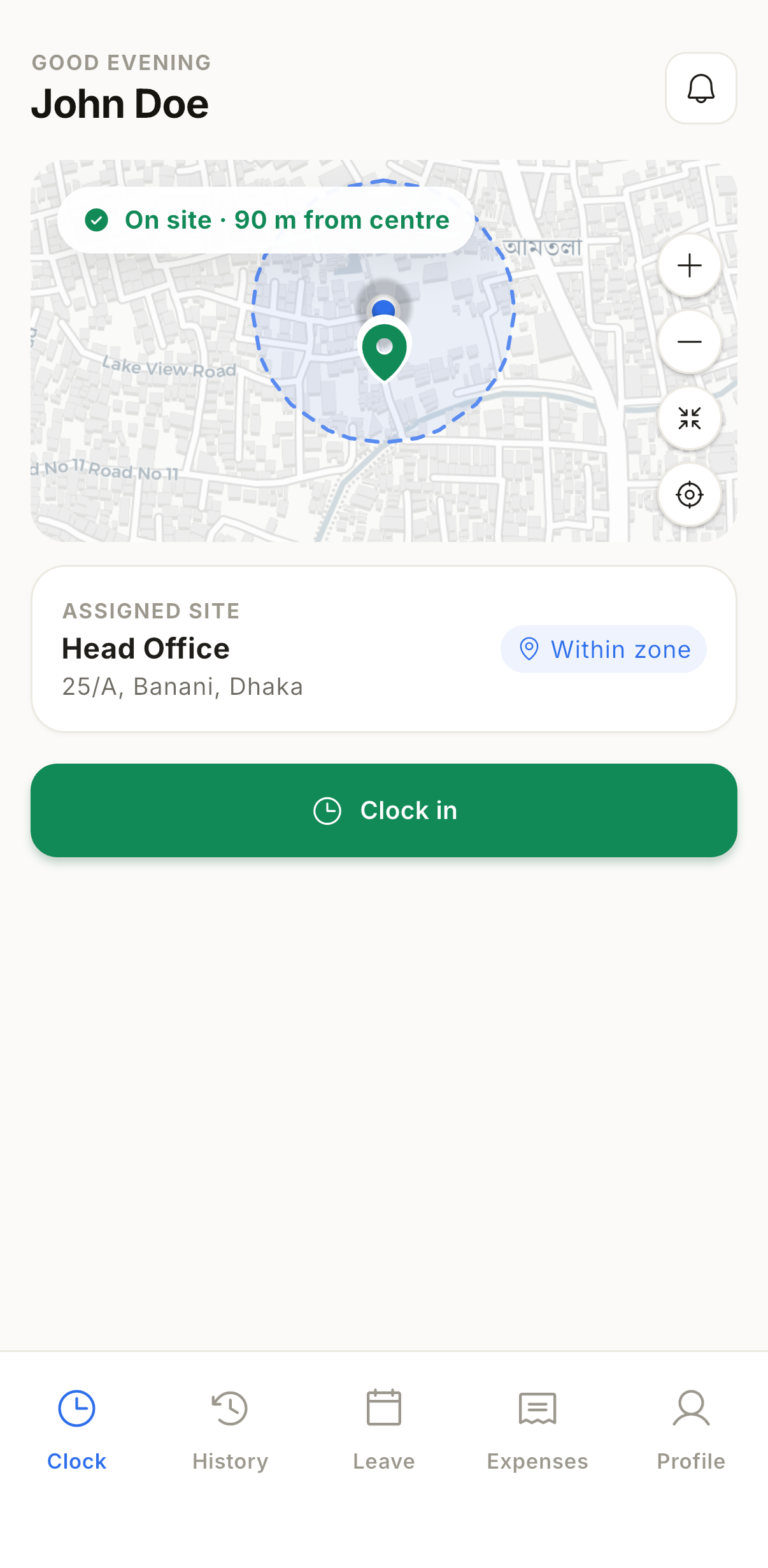 The clock-in screen with a live geofence map and a one-tap Clock in button